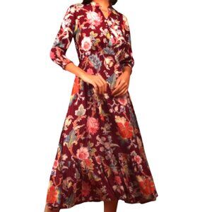 Kalki Crafted In India Ruby Wine Floral Print Midi Dress